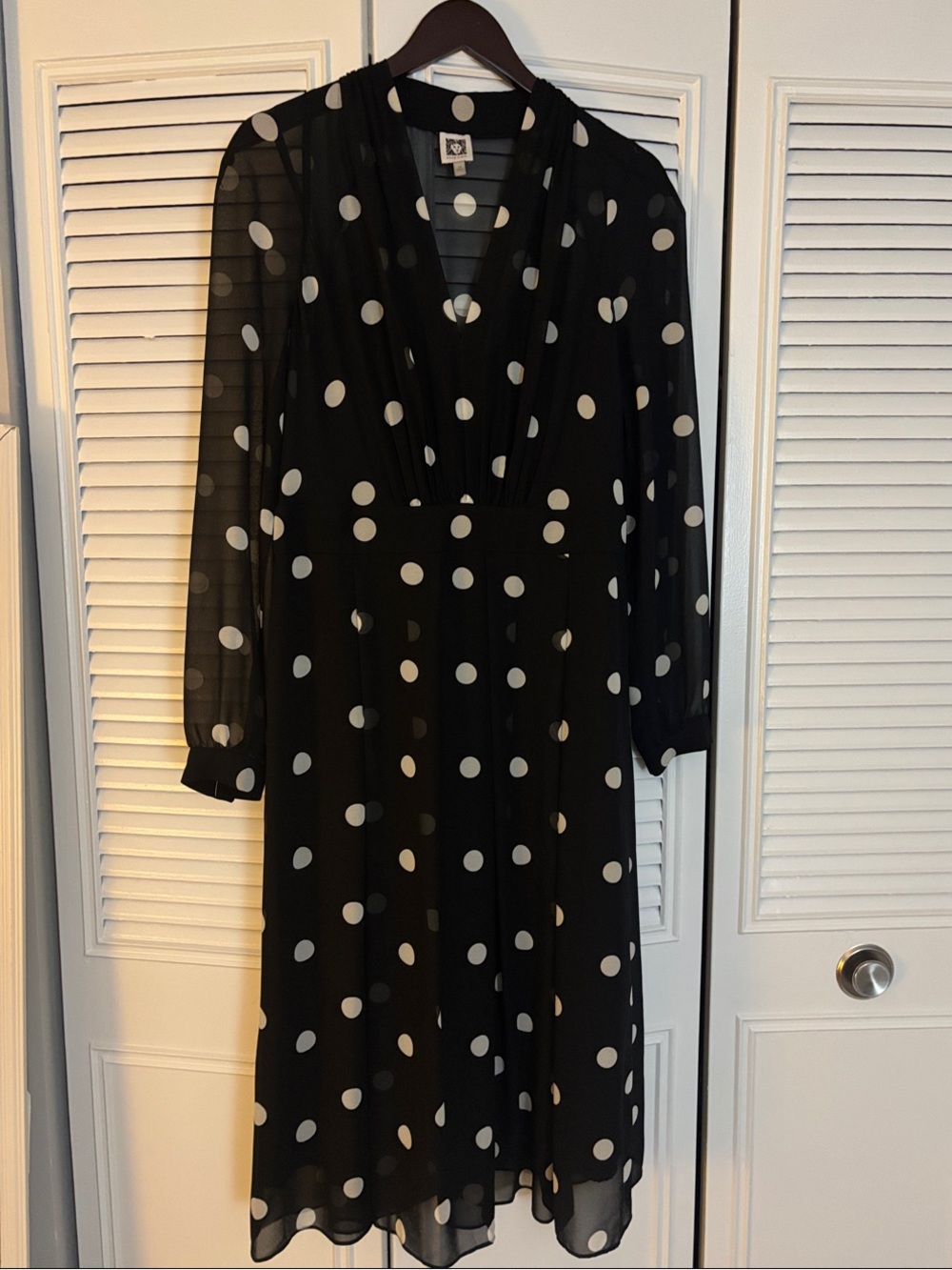 Anne Klein -Black Polka Dot Midi Dress - Elegant V-Neck-